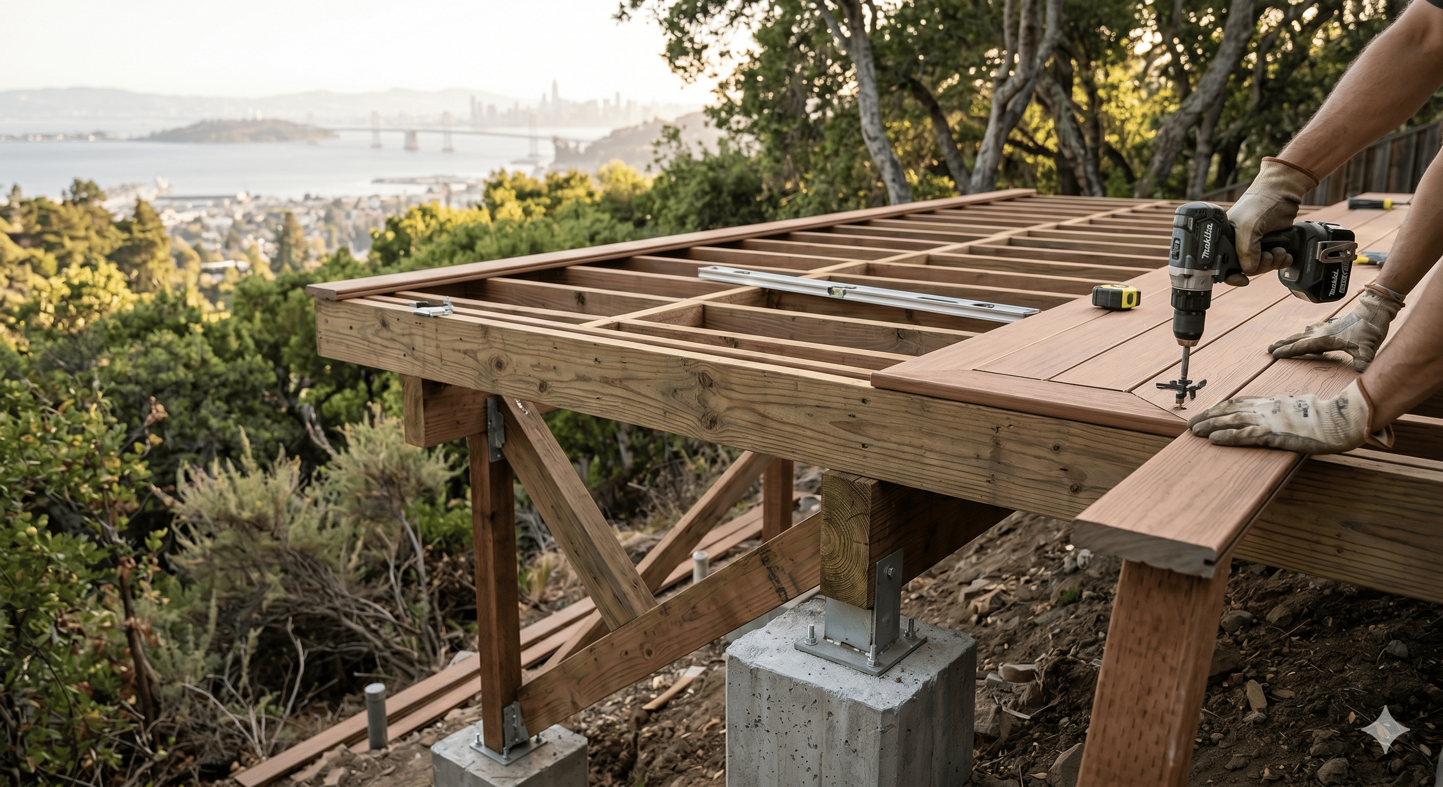 A professional photographic view showing a contemporary hillside home's exterior, with focus on a large, seamless modern wood composite deck connecting to a paved patio area featuring an illuminated pergola and fire pit.